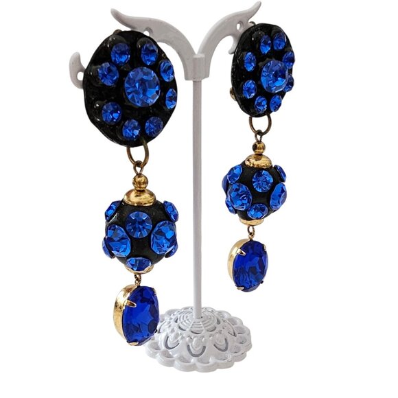 Vintage Blue Clip-On Rhinestone Ball Statement Dangle Earrings - Picture 2 of 8